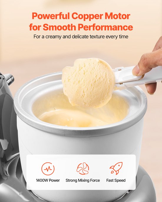 VEVOR IJsmachine 1,7L Staande Mixer 6-snelheden met LED-digitaal Display & Timer & Roerpeddel & Deeghaak & Spatbescherming, voor Doe-het-zelf Bevroren Yoghurt, Fruitgelato Sorbet, 1400W, Grijs van Vevor — afbeelding 4