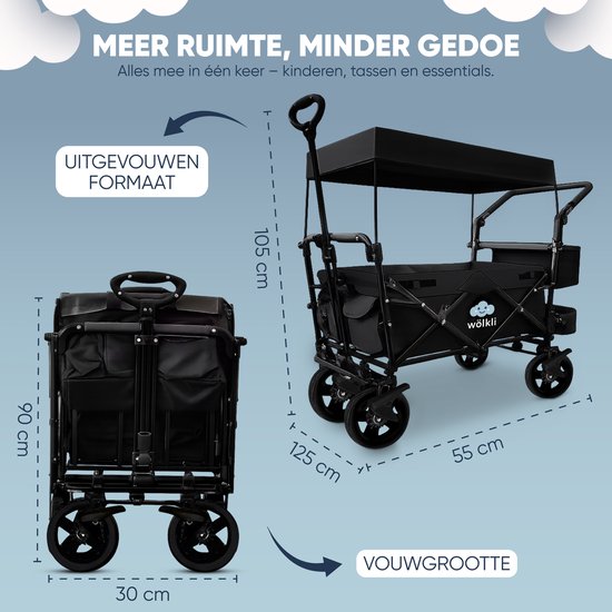 Wölkli opvouwbare Bolderkar met Dak - Kinder Bolderwagen 2 Zitplaatsen - 3-Punts Gordel - Rubber Banden - Rem - Strand & Camping - Zwart bolderwagen kind van Wölkli — afbeelding 2