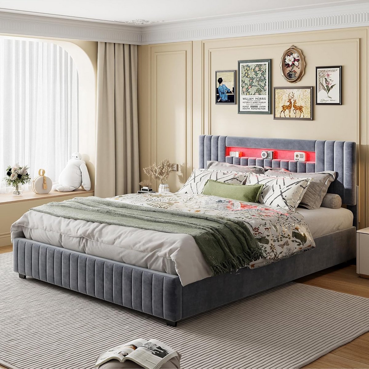 Gestoffeerd tweepersoonsbed 140x200 cm met opbergruimte en LED hoofdeinde, fluweel grijs