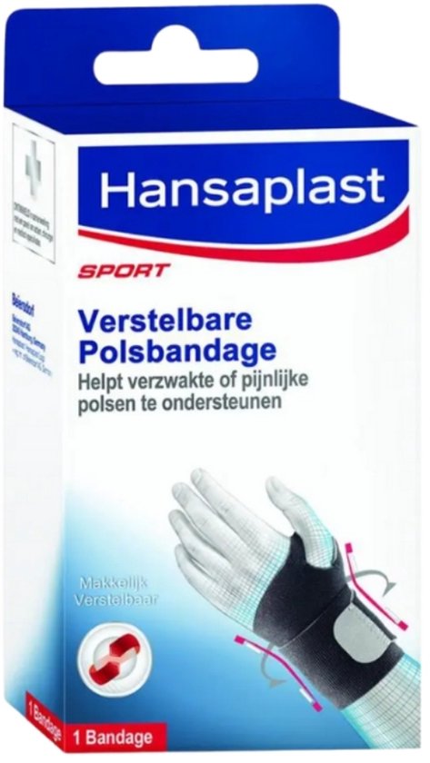 Hansaplast verstelbare polsbandage voor sport, met illustratie van een hand met bandage.