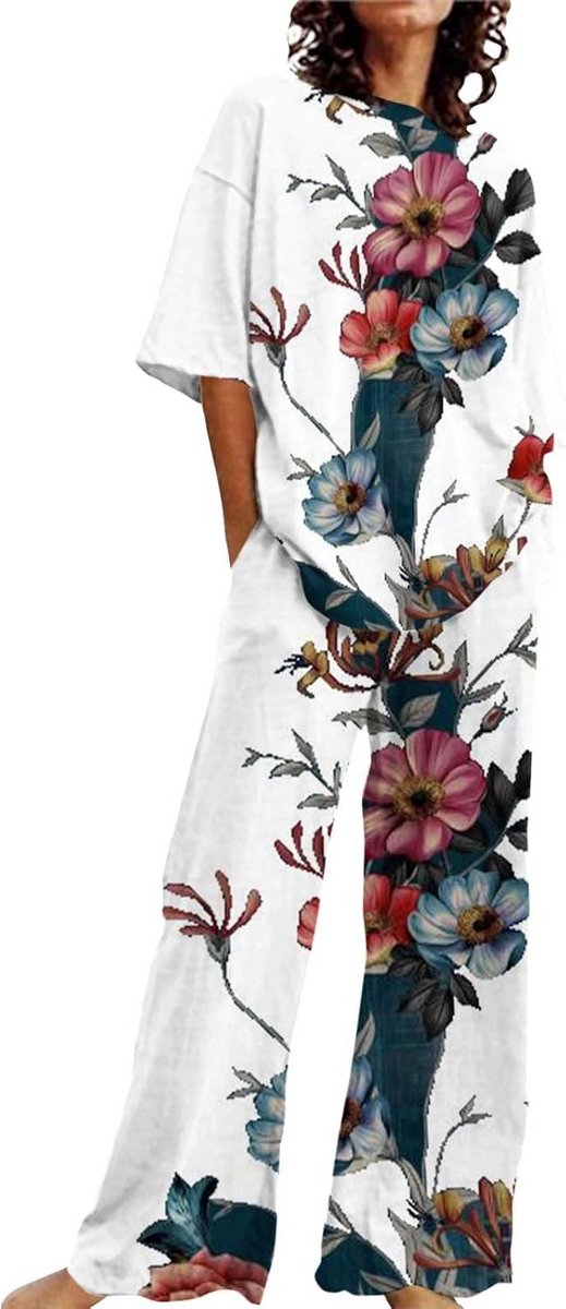 Dames Pyjama Tweedelig met Korte Mouwen en Bloemendruk - Lounge Set met Zakken