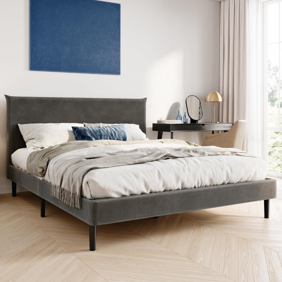 Tweepersoons Gestoffeerd Bed 160x200 cm met Hoofdbord en Lattenbodem