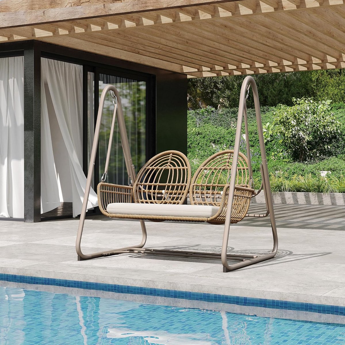Dubbele Schommelbank voor Tuin en Buiten met Rugleuning - PE-Rotan Zitcomfort