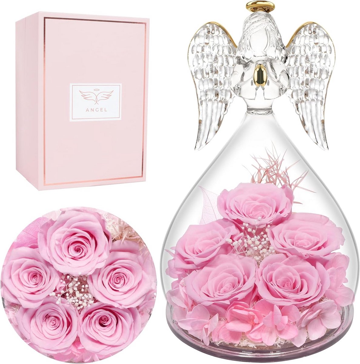 Eeuwige Roos in Glas met Engelenbeeldje - Cadeau voor Moederdag, Verjaardag en Valentijnsdag