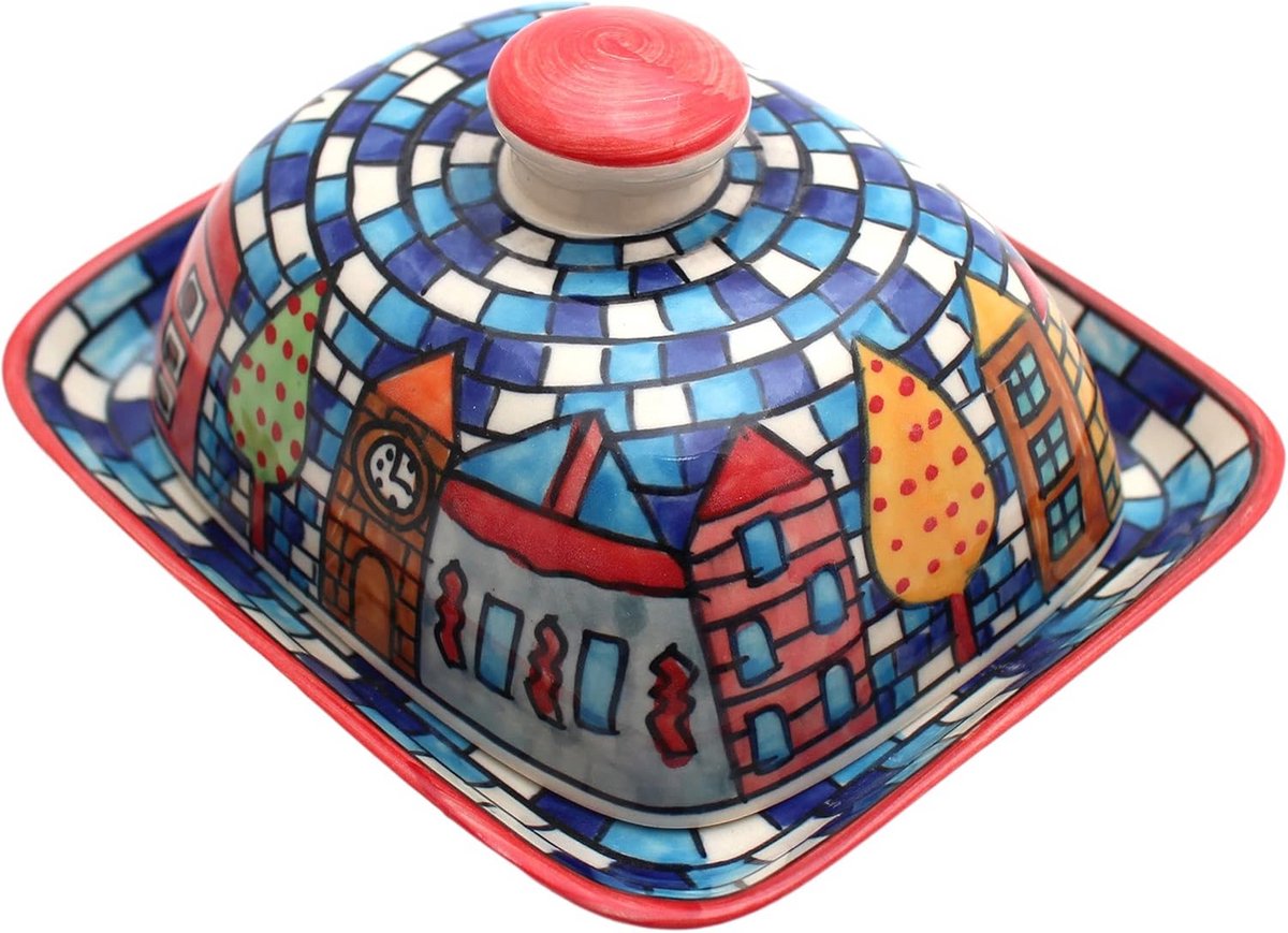 Handbeschilderde Botervloot van Keramiek met Deksel voor Standaard Boter (250g) - Kleurrij