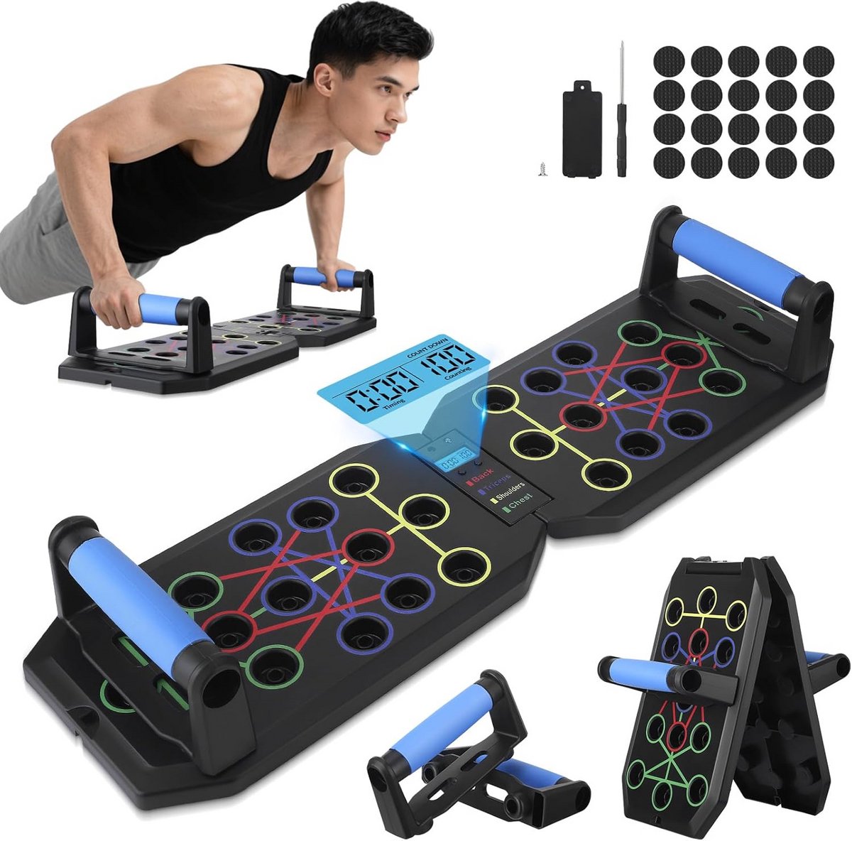 Push-Up Bord met Slimme Teller en Timer - Kleurgecodeerde Fitness Set voor Borst, Schouders & Triceps Training Thuis