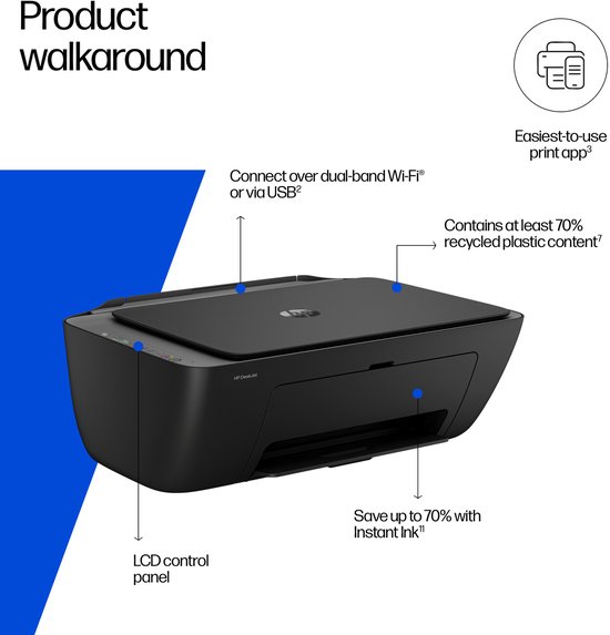 Gedetailleerde afbeelding van een zwarte HP DeskJet printer, met pijlen naar het LCD bedieningspaneel.