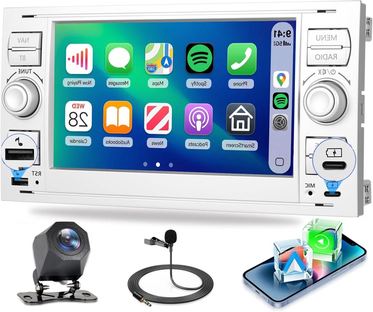 Android Autoradio – 2 Din Radio – Bluetooth Radio – Carplay Autoradio – Android Auto Stereo – 7 Inch Touchscreen – Wireless CarPlay & 12 LED Achteruitrijcamera