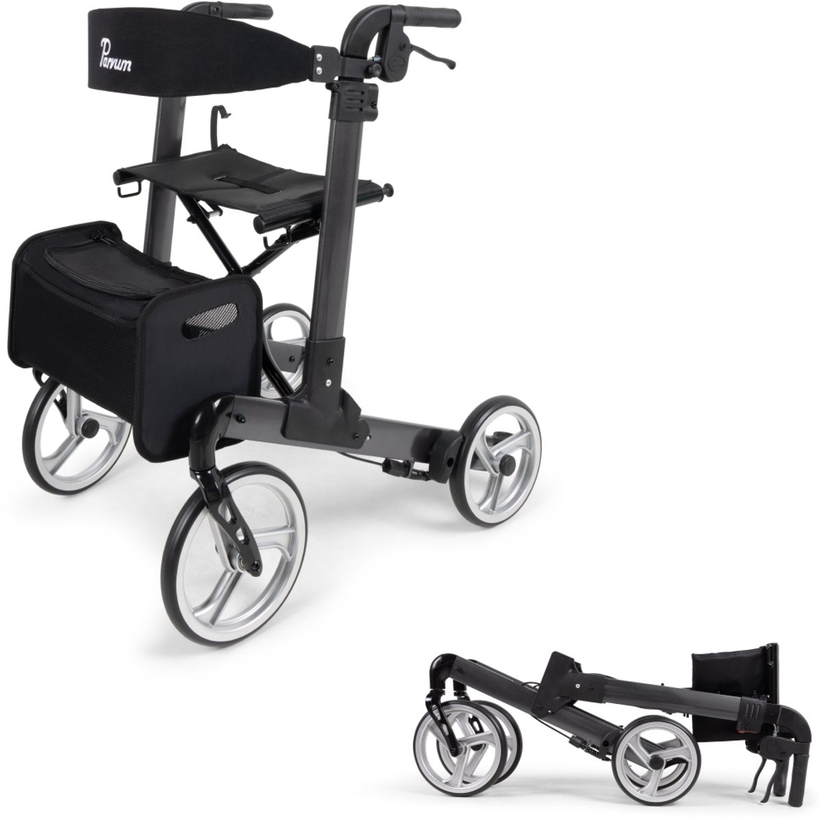 Parvum Luxo Rollator - Luxe dubbel opvouwbare rollator (7kg) - Incl. stokhouder, tas & rugleuning - Antraciet, Large
