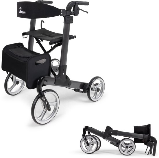 Zwarte rollator met zilverkleurige wielen, zitting, tas en rugleuning. Onderop een compact opgevouwen versie van de rollator.