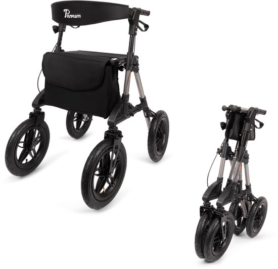 Parvum Rebel Rollator - Rollator met luchtbanden - Opvouwbaar - Incl. stokhouder, tas & rugleuning - Grijs