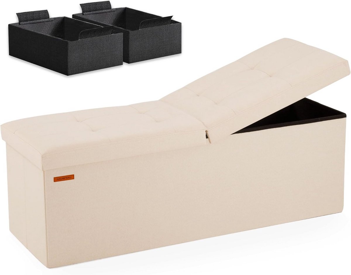 Opbergkruk met Opslag - Voetenbank Zitbank - Woonkamer Organisatie - Inklapbaar Ontwerp - 110 x 38 x 38 cm - Beige