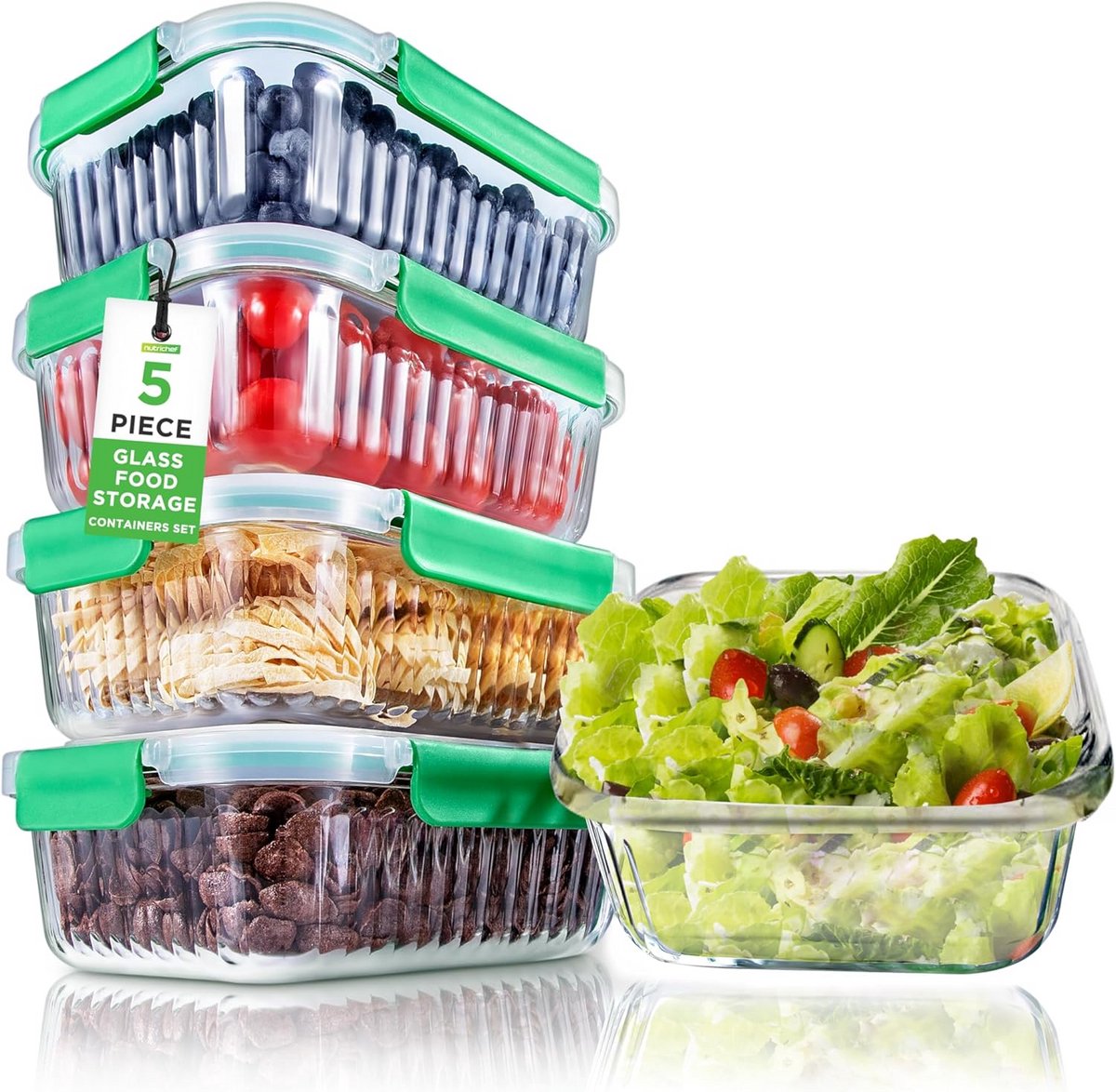 5-delige Set Glas Voedselcontainers met Luchtdicht Deksel - Stapelbaar & Ovenbestendig