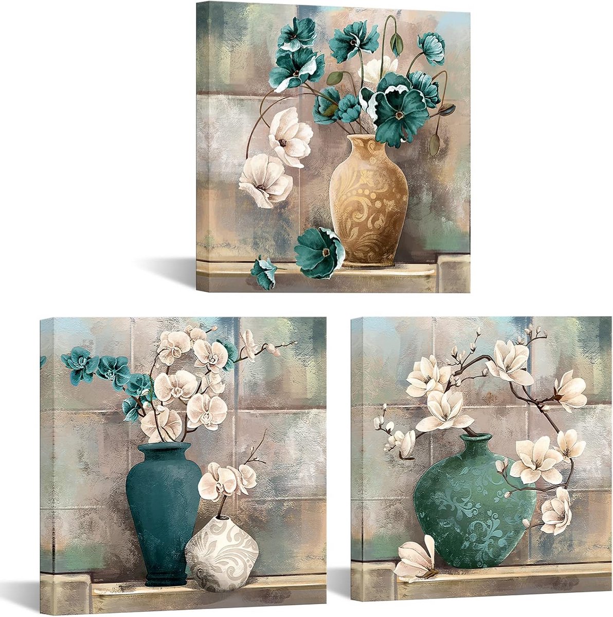 3-Delige Canvas Schilderij Set Bloemen Vintage Teal Groen Wit voor Woonkamer Slaapkamer