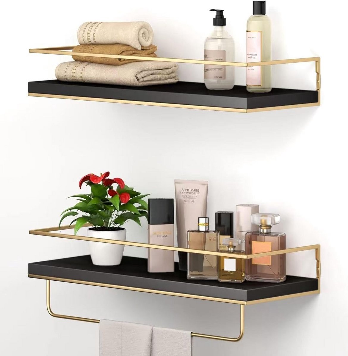 Zwevende Wandplanken Set van 2 met Gouden Handdoekhouder - Decoratieve Opbergplanken
