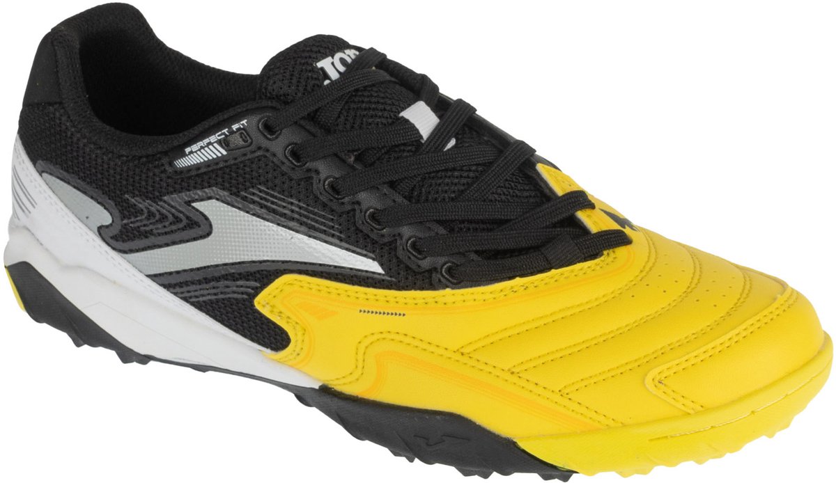 Zwarte Joma Cancha 26 TF voetbalschoenen voor mannen, maat 44, met luchtige mesh en gele accenten.