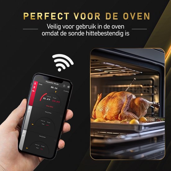 Smartphone met repeater modus toont gaarproces van kip in oven, naast thermometer die gaart in de oven.