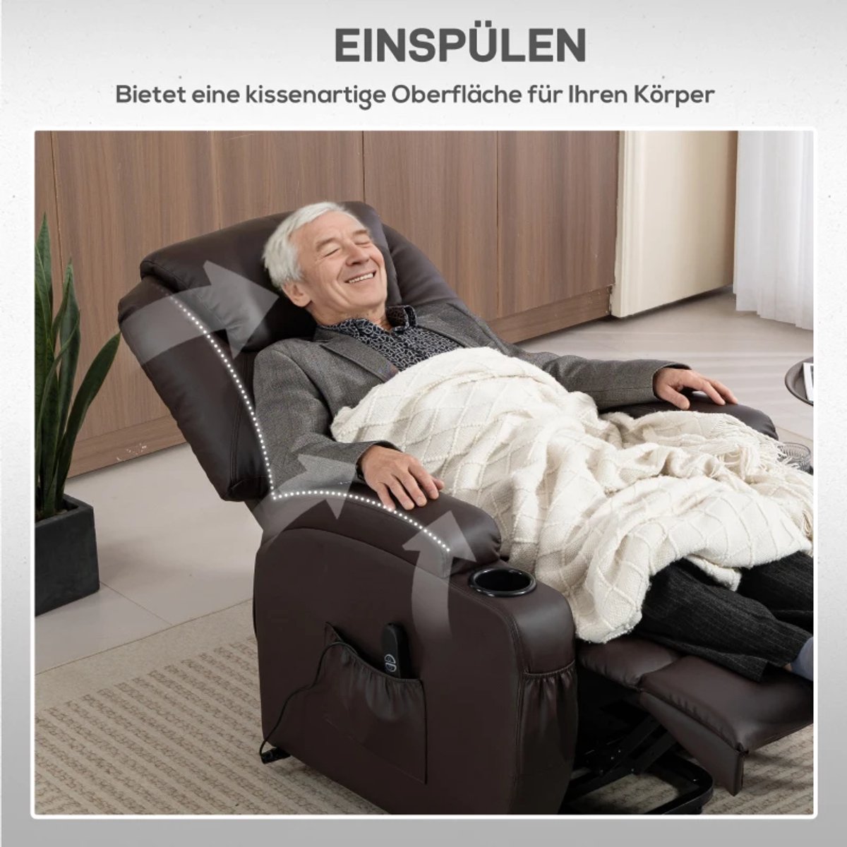 Elektrische Relaxfauteuil met Liftfunctie - Kantelbaar tot 150° - Verstelbare Rugleuning - tot 135 kg - met Afstandsbediening en Bekerhouder - Relaxstoel - Seniorenstoel - TV Stoel - Linnenlook - Bruin – foto 7