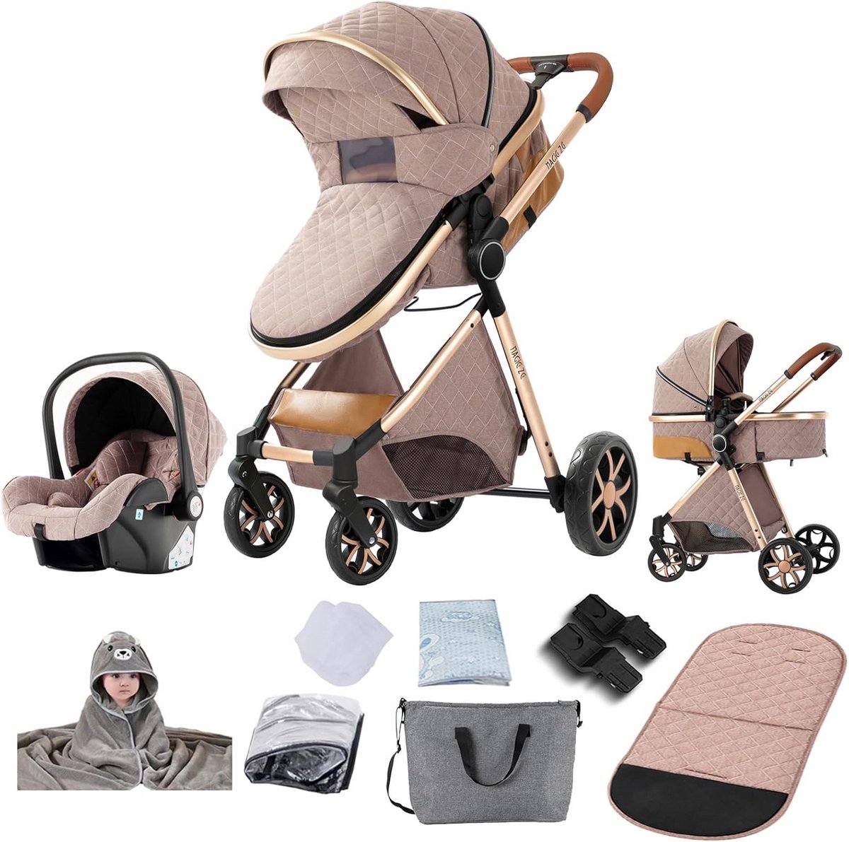 3-in-1 Kinderwagen Compleet Zichtbaar, Duwmodel met Omkeerbare Buggy Functie