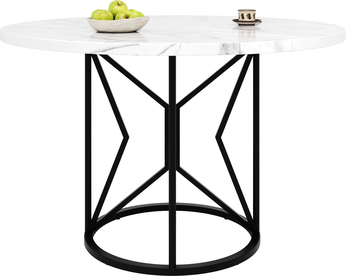 Merax Ronde Eettafel 100 x 100 x 76 cm - Ronde Keukentafel met Marmerlook Blad - Metalen Geometrisch Onderstel - Zwart
