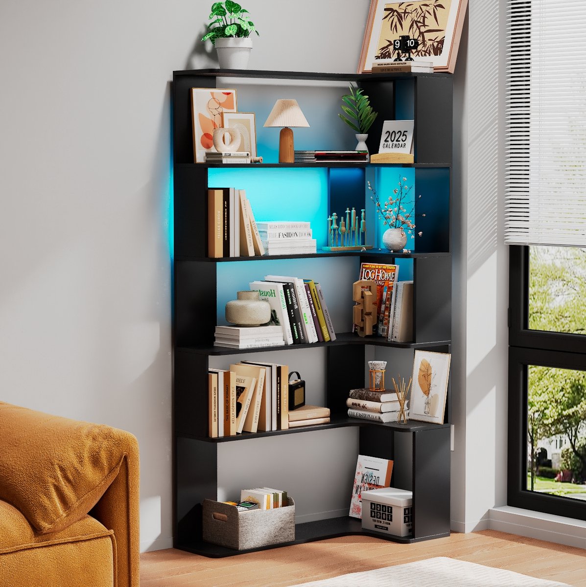 Boekenkast - 5-laags hoekboekenkast - houten boekenkast - driehoekige boekenkast - opbergrek met ledstripverlichting - open hoekplank - geometrische opbergboekenkast - zwarte boekenkast 90x48x169cm