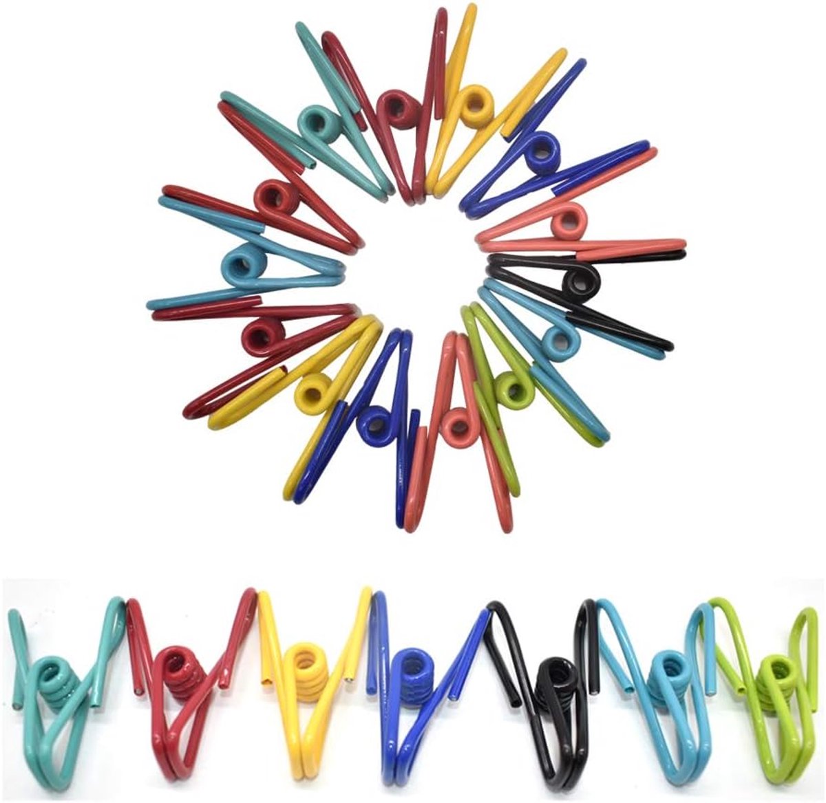 Verpakking van 50 multifunctionele wasknijpers van PVC-gecoat staaldraad in diverse kleuren.