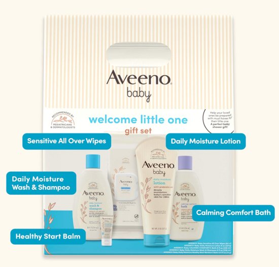Aveeno Baby Welcome Little One Cadeauset - 5-delige Complete Verzorging voor Pasgeboren Baby - Body Wash & Shampoo, Kalmerende Badwash, Vochtige Doekjes, Dagcrème & Balsem van Merkloos — afbeelding 3