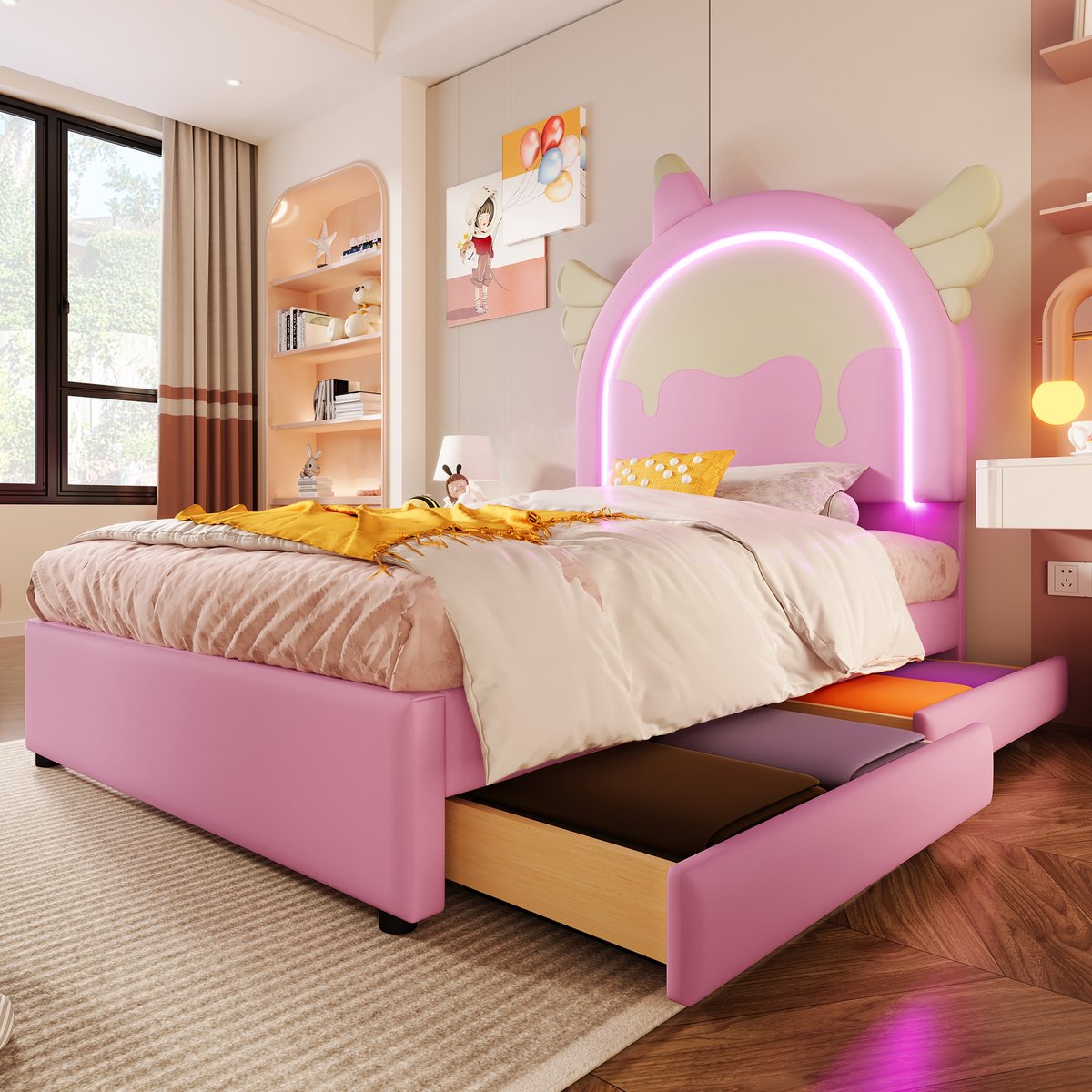 MIVRAY Gestoffeerd Bed 90x200cm Zonder Matras - Eenhoornvorm Met Lichtstrip En 2 Lades - Kinderbed Voor Slaapkamer - PU - Roze