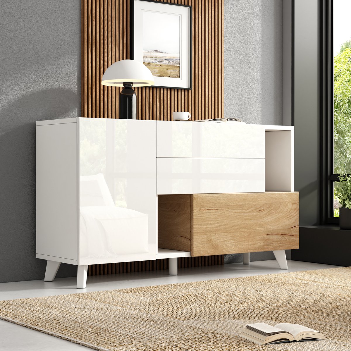 Clruro Dressoir - 140x40x80 cm - Hoogglans met Opbergruimte - Modern voor de Woonkamer - Hout - Wit en Houtkleur Wit + Licht Eiken
