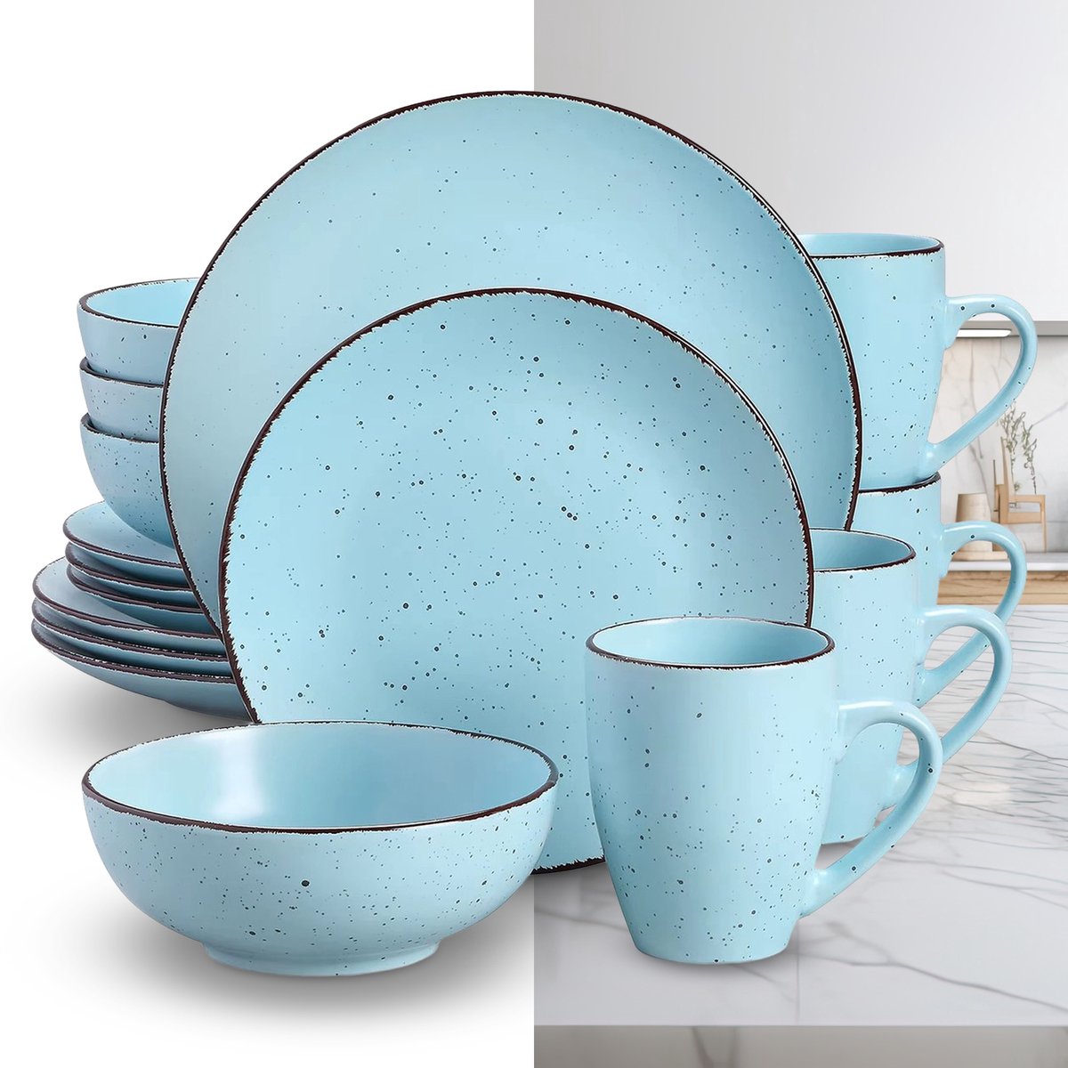 Luxe Serviesset – 16 delig – 4 persoons – Porselein - Bordenset – Dinner platen – Dessertborden - Kommen - Mokken - Blauw