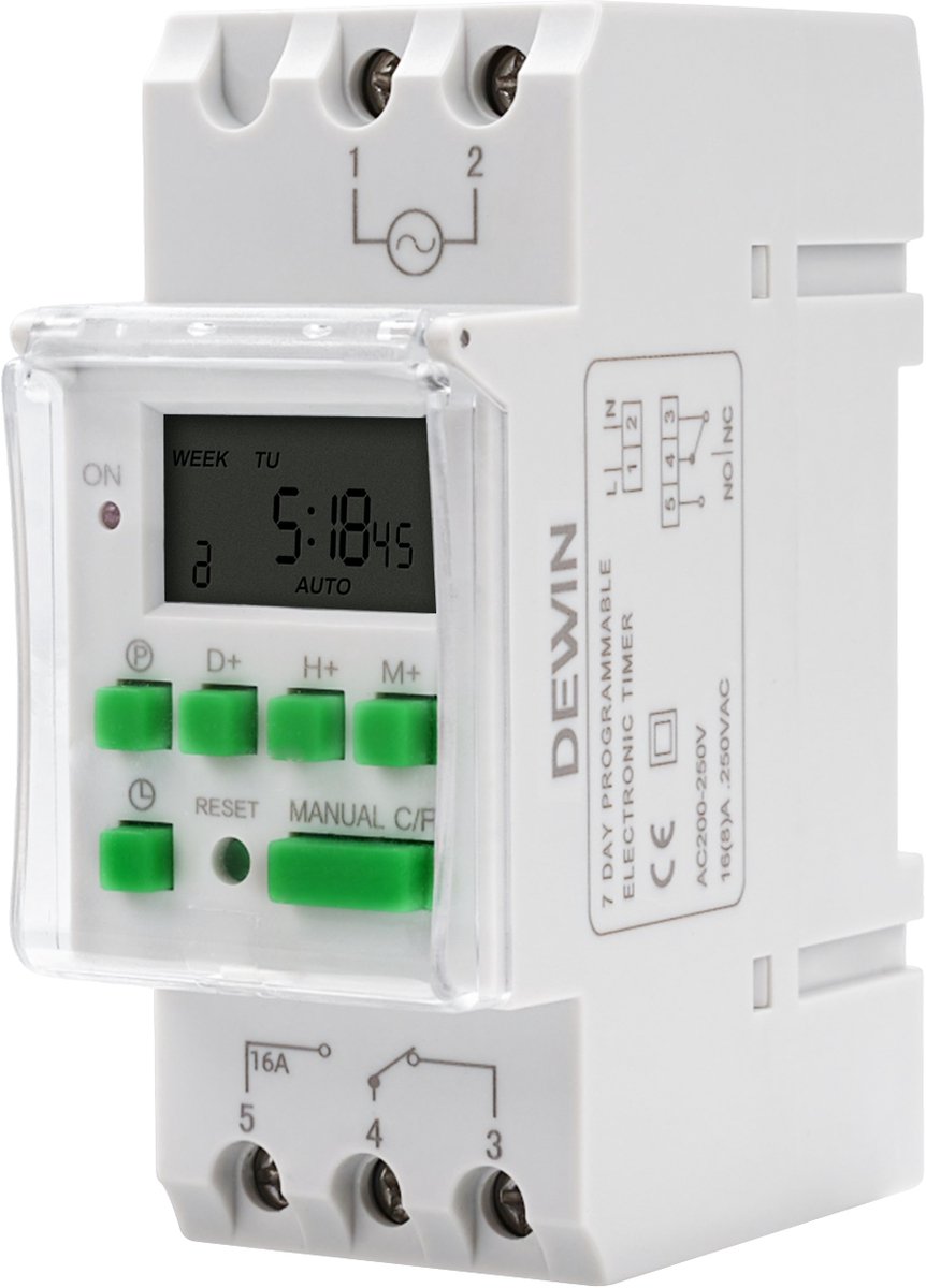 Elektronische Tijdschakelaar - Digitale schakelklok met programmering - 16 schakelprogramma's - 15A - DIN-rail - schakelprogramma's - Tijdschakelaar digitaal