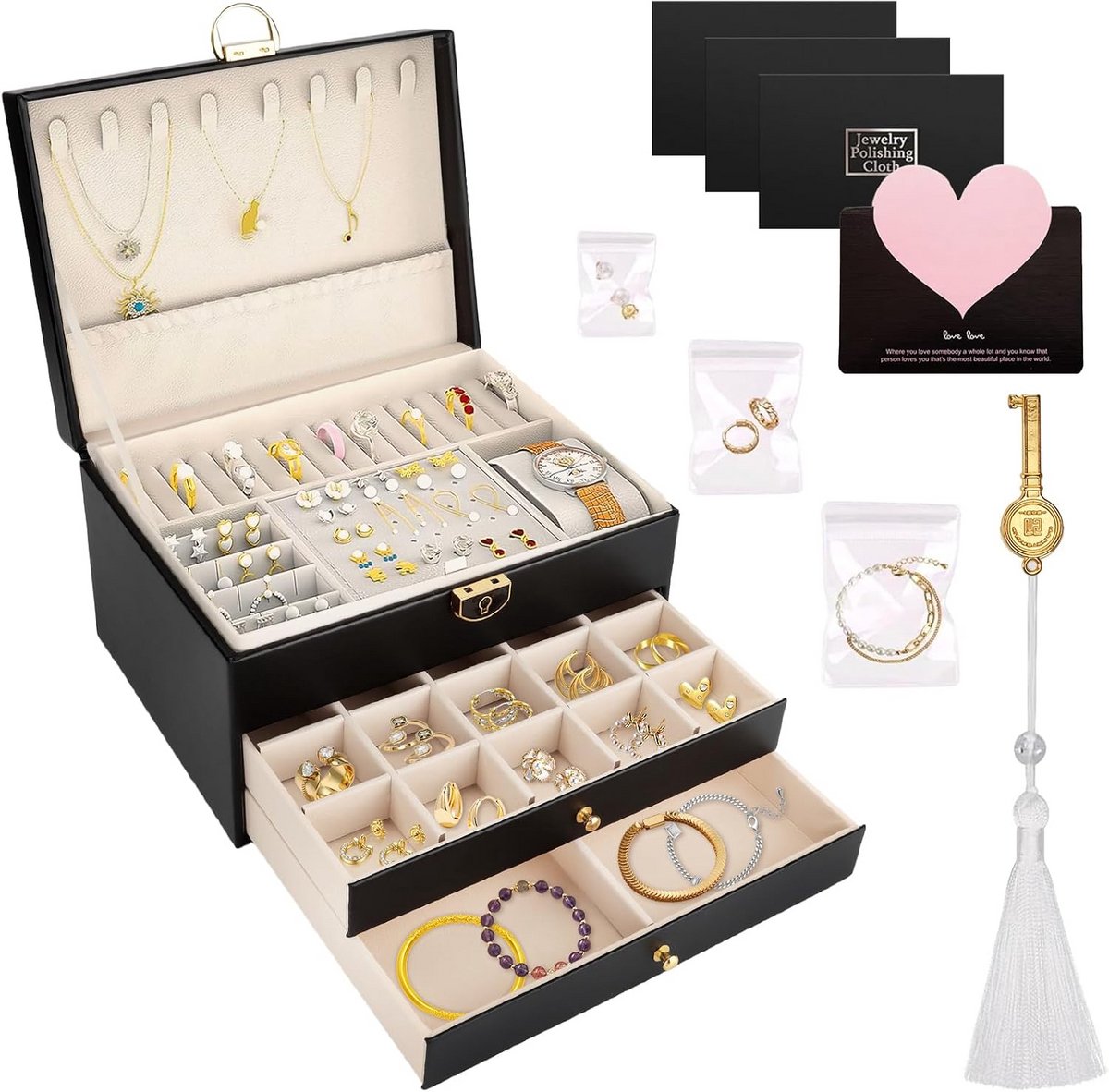 Grote Sieradendoos met 3 Niveaus en Organizer voor Al Je Sieraden