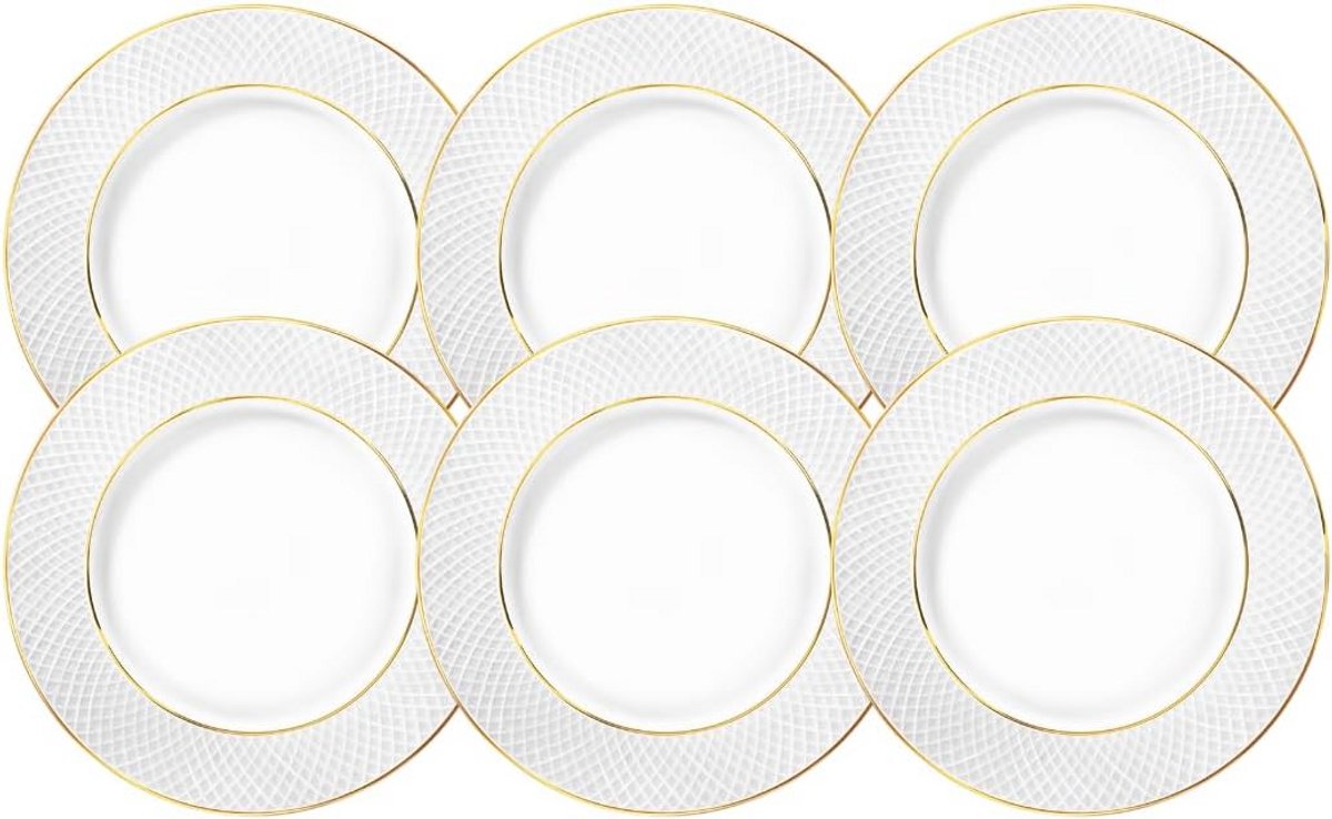 Set van 6 witte porseleinen borden met gouden ruitpatroon - 25,5 cm