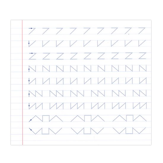 Page d'exercices lignées pointillées pour l'écriture : lignes droites, zigzags et N.