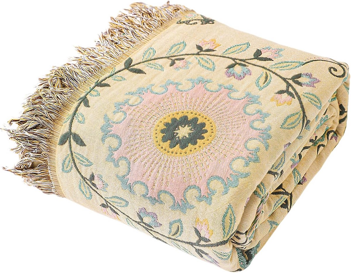 Grote Dubbelzijdige Woondeken Katoen Boho - 100% Biologisch Handgeweven Sprei voor Bank en Bed - 150x200cm