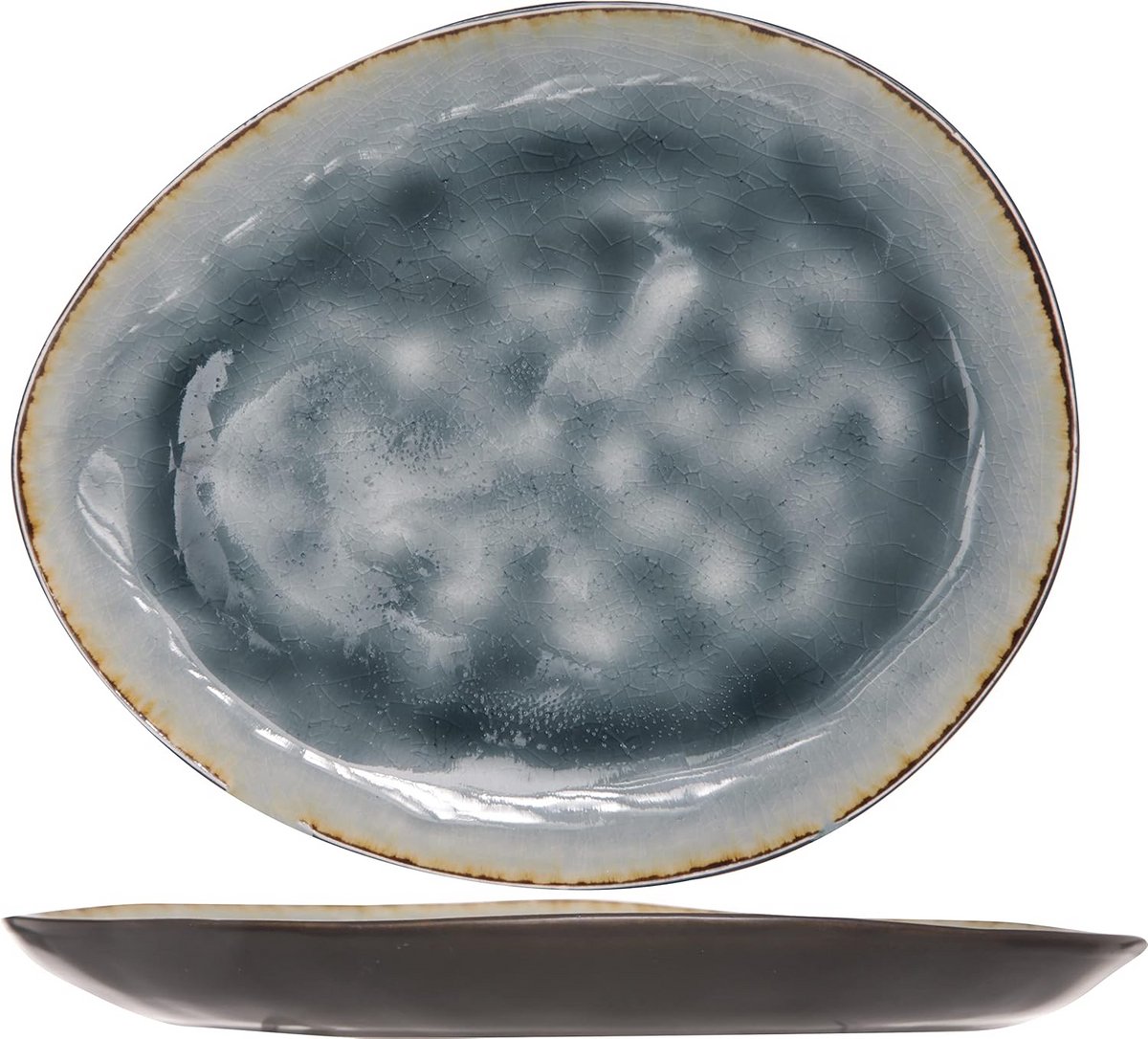 6 Ovale Platte Borden Blauw Grijs Aardewerk 19,5 x 16 cm