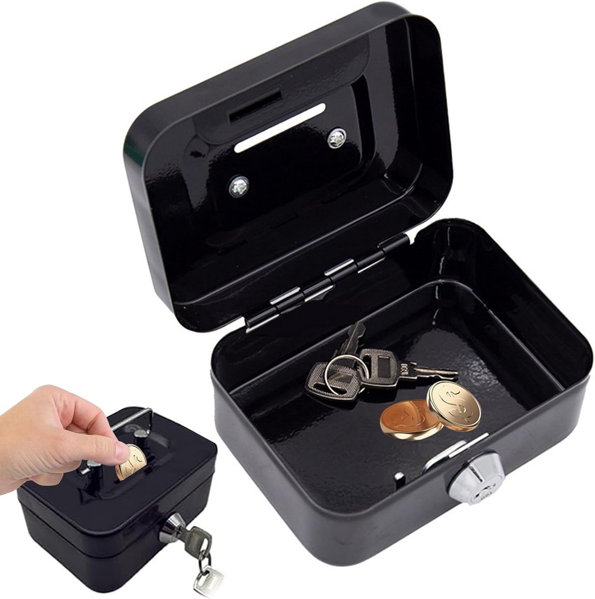 Afsluitbare Geldcassette met Sleutel, Zwart, Compact Formaat