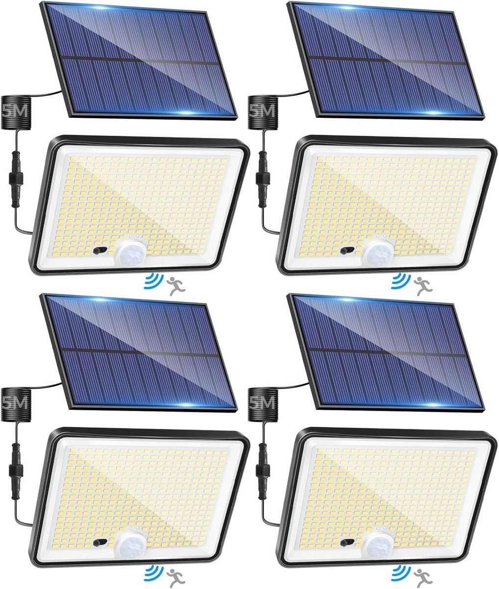 4x Buitenlamp op Zonne-energie met Bewegingsmelder en Afstandsbediening - 342 Leds, IP65