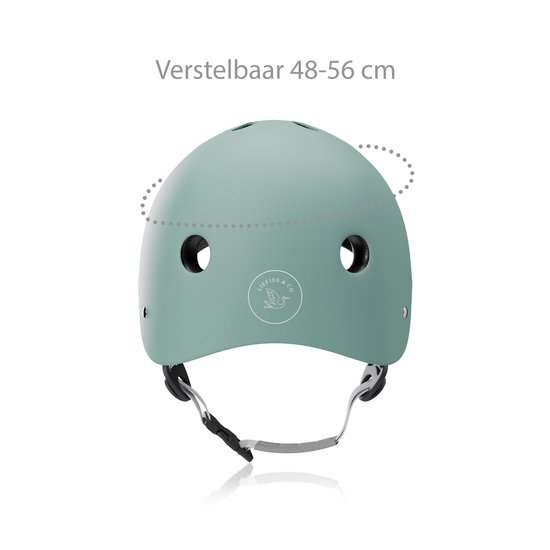 Zalmgroene helm met verstelbaar 48-56 cm draaiknop en ventilatiegaten.