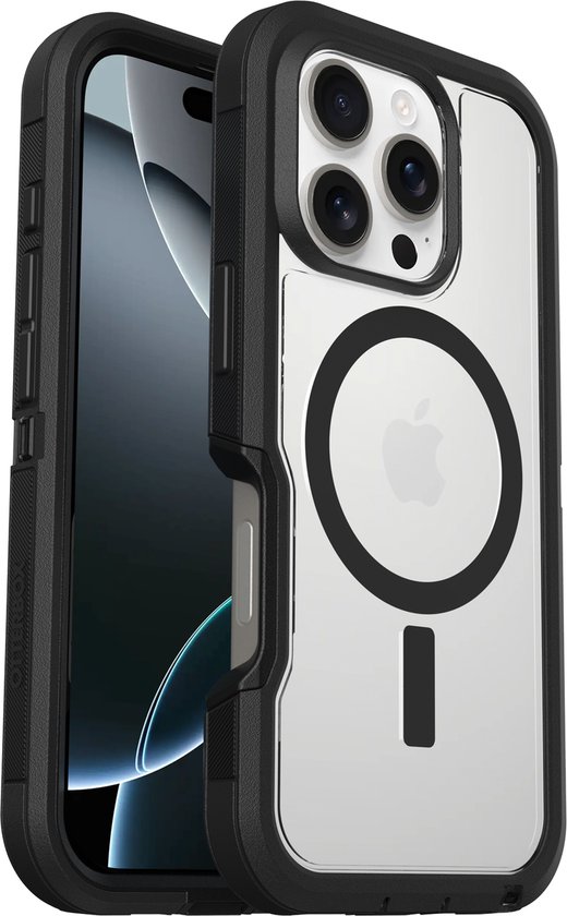 Een transparante telefoonhoes met zwarte rand, met een telefoon erin.