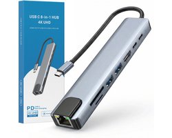 USB-C Hub – 8-in-1 Docking Station – 2x USB-A – 1x HDMI 4K – 1x USB-C 5Gbps – 1x Ethernet 100mbps – 1x USB-C PD 100W – USB Hub Laptop – SD/TF Kaarlezer – Grijs