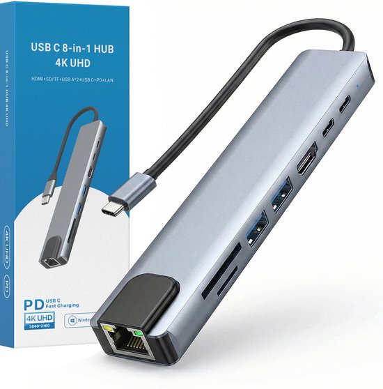 Grijze 8-in-1 USB-C hub met HDMI 4K, USB-poorten, Ethernet en kaartlezers, naast een verpakking.