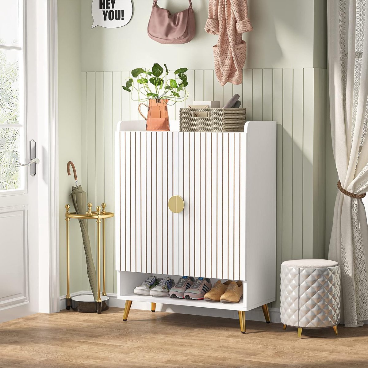 Tribesigns Schoenenkast met 2 deuren, 75 x 37 x 110 cm, schoenenkast met lijndesign, metalen frame, smalle schoenenkast met 6 verdiepingen, schoenenrek voor ingang, halkast, woonkamer, oranje