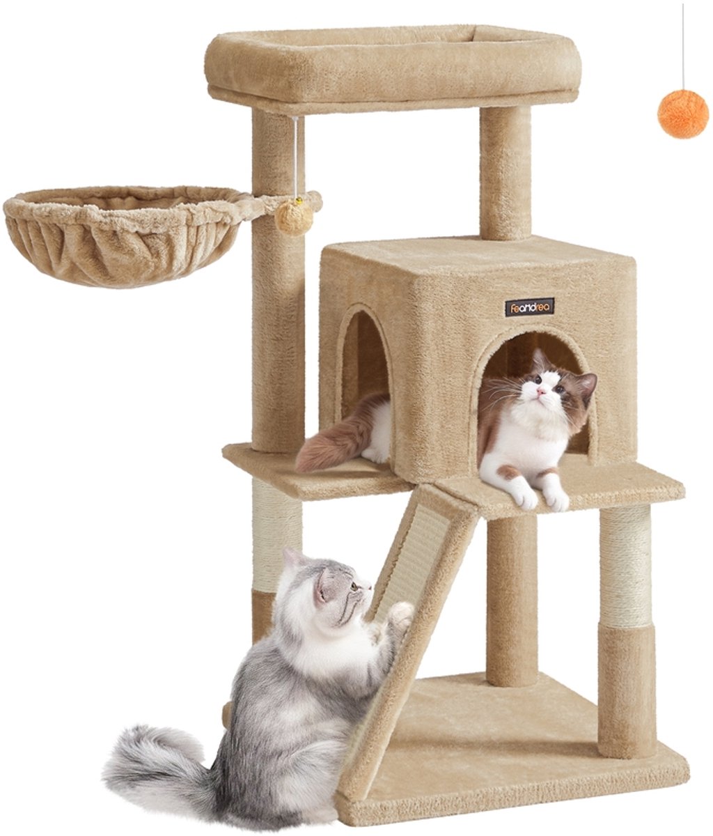 Krabpaal – Geperst hout – Kameelbruin – Ruim, verbreed zitvlak voor grote katten