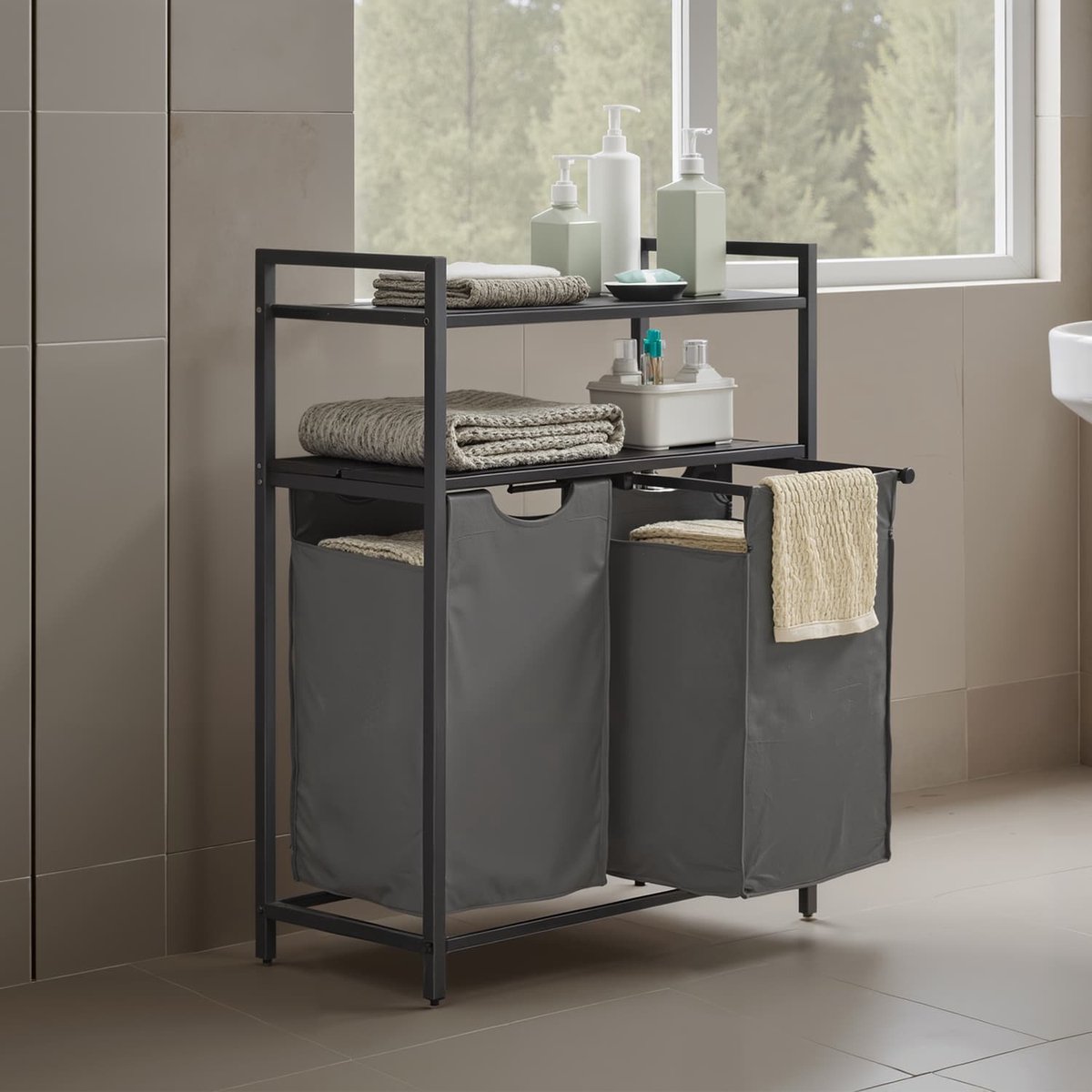 Wasmand – Metaal en stof – Zwart en grijs – Dubbele uittrekbare zakken met schappen
