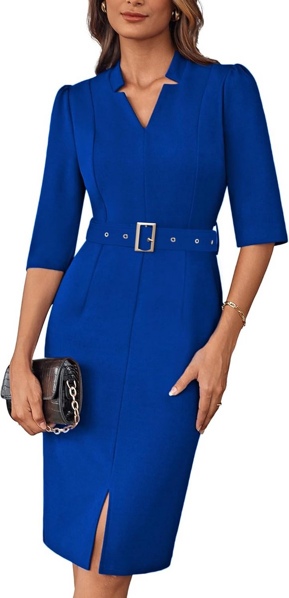 Elegante Bodycon Midi Jurk met V-Hals en 3/4 Mouwen - Slim Fit Wikkeljurk voor Dames