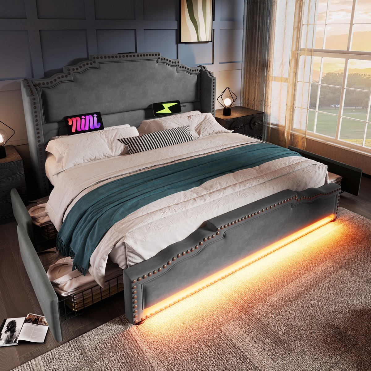 Wishdor Gestoffeerd Bed 140x200 cm – Oor-ontwerp Hoofdbord – LED en USB/Type-C – 4 Lades – Fluweel – Grijs
