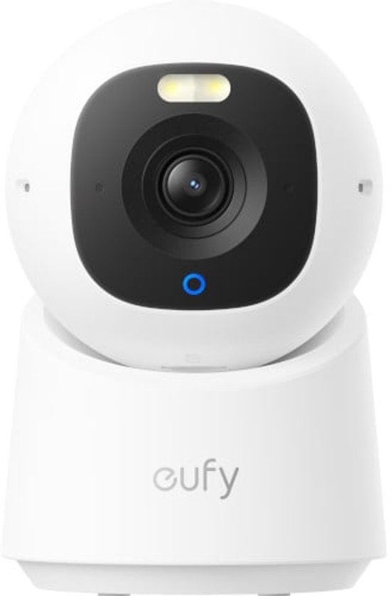 Witte eufy beveiligingscamera met een zwart camera-oog, blauw lampje en een lampje aan de bovenkant.