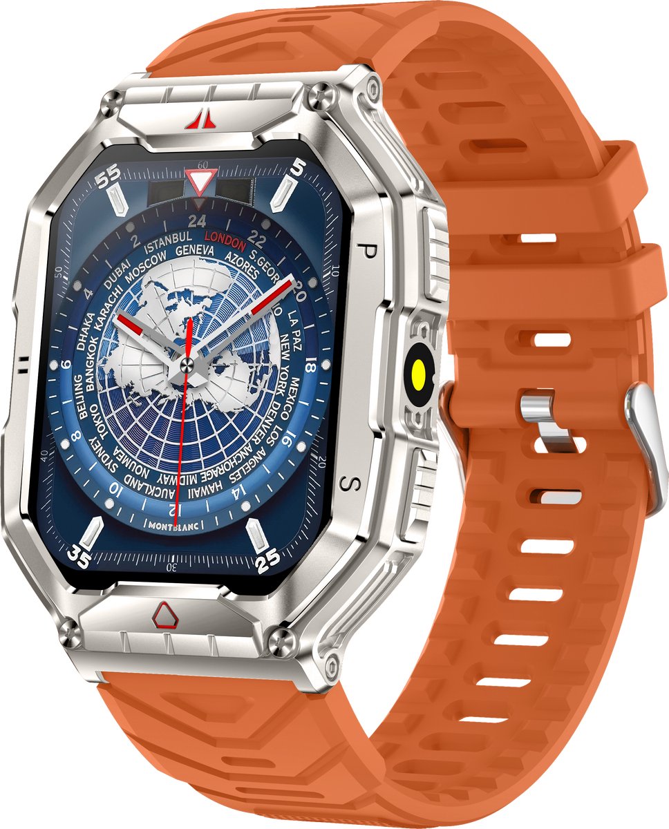 Knobbout 2.1” Scherm (3.4*4.2cm) Groot Outdoor Smartwatch – Barometer, LED-Zaklamp- Bluetooth Bellen- Kompas & Hoogtemeter- AI spraakassistent -Hartslag & SpO₂ - 650mAh Batterij - 1ATM Waterdicht - Oranje siliconen horlogeband