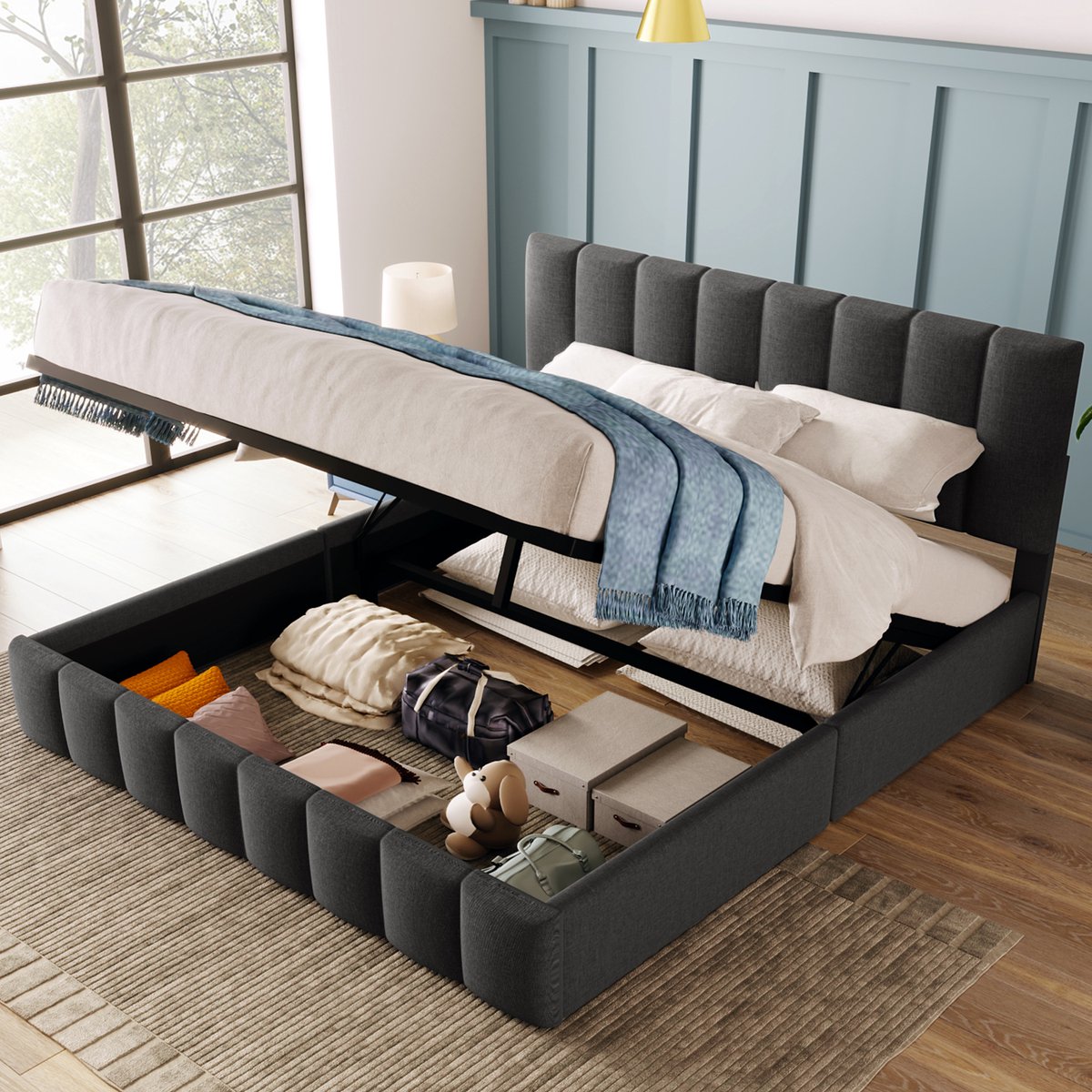 Polsterbed - 140x200 - Hydraulisch Tweepersoonsbed - Verstelbaar Hoofdeinde - Metaal Lattenbodem - Linnen - Grijs